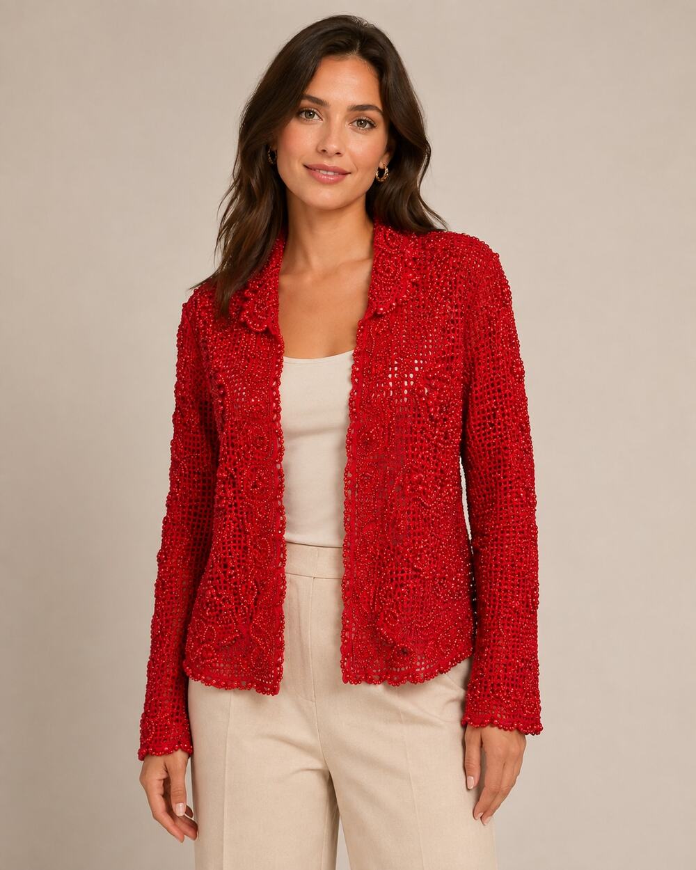 Michael Simon Red Crochet Cardigan Sweater Size S Beaded Button